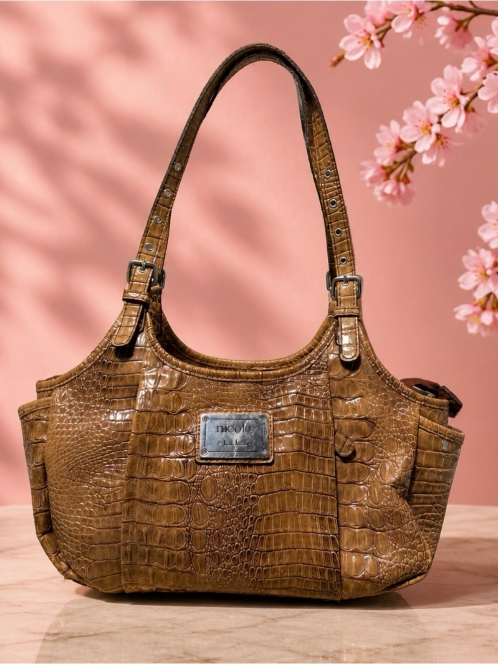 Nicole by Nicole Miller Brown Croc-Embossed Shoulder Bag